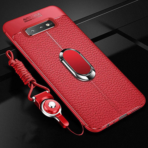 Silikon Hülle Handyhülle Gummi Schutzhülle Flexible Leder Tasche mit Magnetisch Fingerring Ständer T02 für Samsung Galaxy S10 Plus Rot