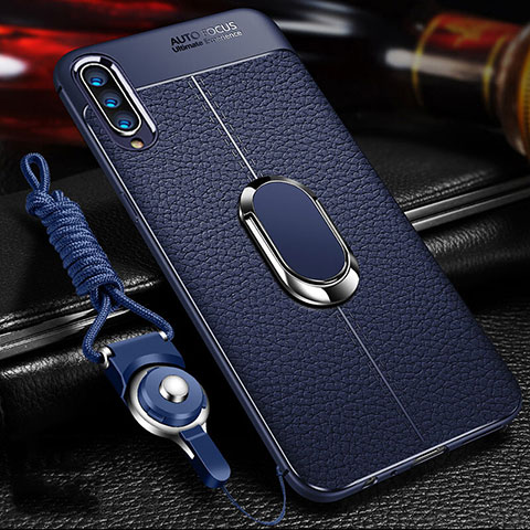 Silikon Hülle Handyhülle Gummi Schutzhülle Flexible Leder Tasche mit Magnetisch Fingerring Ständer T02 für Xiaomi Mi A3 Blau