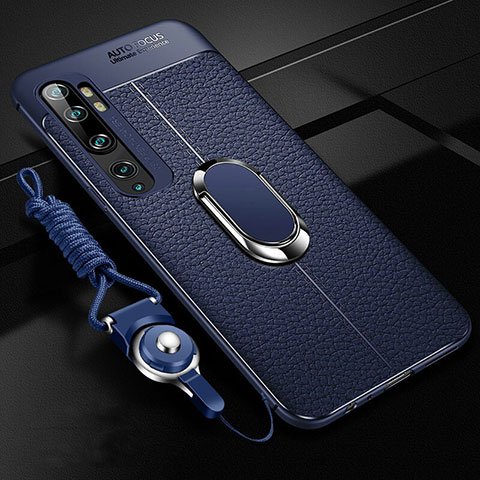 Silikon Hülle Handyhülle Gummi Schutzhülle Flexible Leder Tasche mit Magnetisch Fingerring Ständer T02 für Xiaomi Mi Note 10 Blau