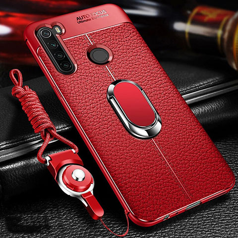 Silikon Hülle Handyhülle Gummi Schutzhülle Flexible Leder Tasche mit Magnetisch Fingerring Ständer T02 für Xiaomi Redmi Note 8 (2021) Rot