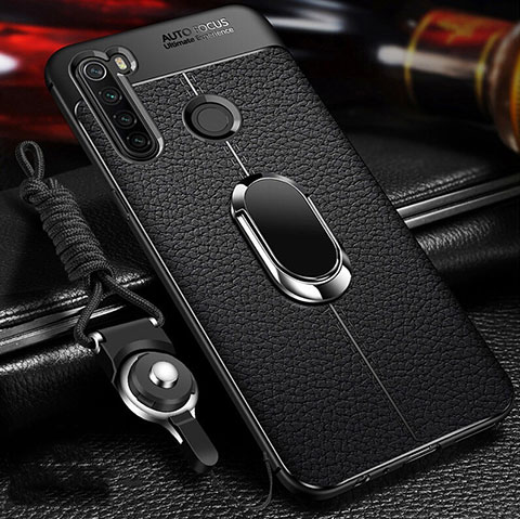 Silikon Hülle Handyhülle Gummi Schutzhülle Flexible Leder Tasche mit Magnetisch Fingerring Ständer T02 für Xiaomi Redmi Note 8 (2021) Schwarz