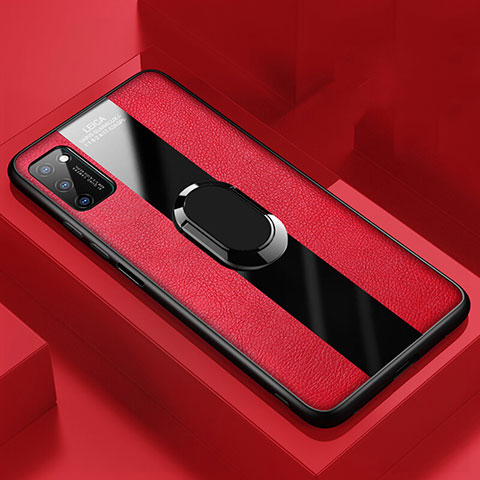 Silikon Hülle Handyhülle Gummi Schutzhülle Flexible Leder Tasche mit Magnetisch Fingerring Ständer T03 für Huawei Honor View 30 5G Rot