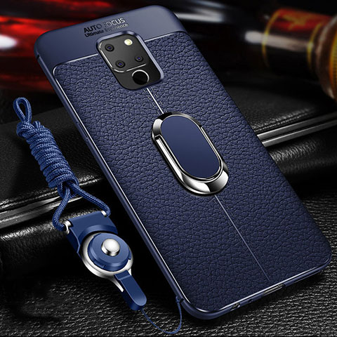 Silikon Hülle Handyhülle Gummi Schutzhülle Flexible Leder Tasche mit Magnetisch Fingerring Ständer T03 für Huawei Mate 20 X 5G Blau