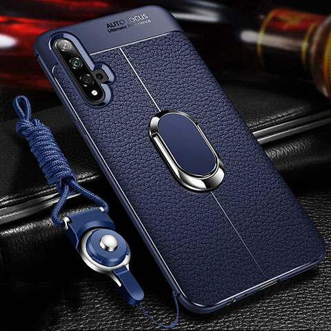 Silikon Hülle Handyhülle Gummi Schutzhülle Flexible Leder Tasche mit Magnetisch Fingerring Ständer T03 für Huawei Nova 5 Blau