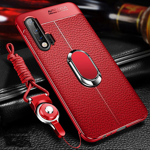 Silikon Hülle Handyhülle Gummi Schutzhülle Flexible Leder Tasche mit Magnetisch Fingerring Ständer T03 für Huawei Nova 6 Rot