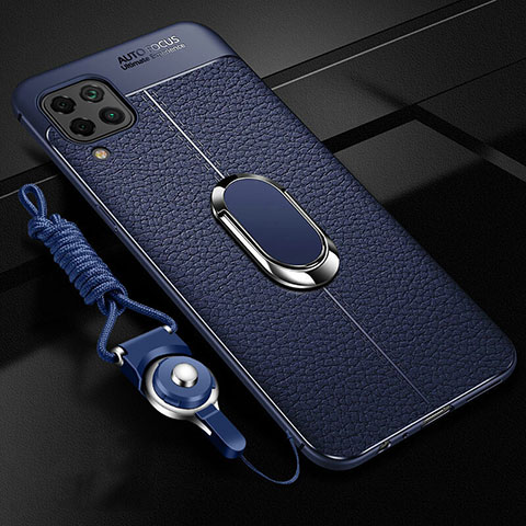 Silikon Hülle Handyhülle Gummi Schutzhülle Flexible Leder Tasche mit Magnetisch Fingerring Ständer T03 für Huawei P40 Lite Blau