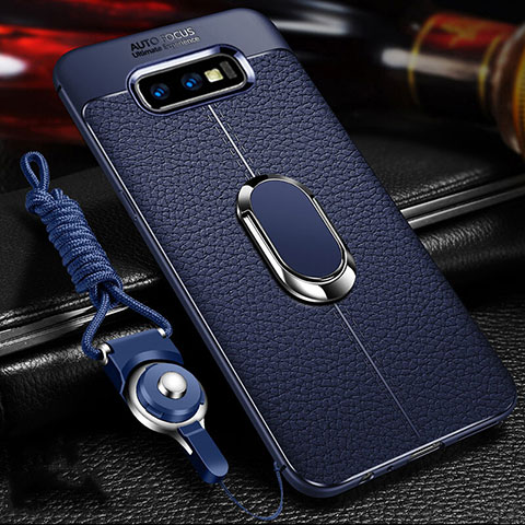 Silikon Hülle Handyhülle Gummi Schutzhülle Flexible Leder Tasche mit Magnetisch Fingerring Ständer T03 für Samsung Galaxy S10e Blau