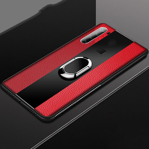 Silikon Hülle Handyhülle Gummi Schutzhülle Flexible Leder Tasche mit Magnetisch Fingerring Ständer T03 für Xiaomi Redmi Note 8 (2021) Rot