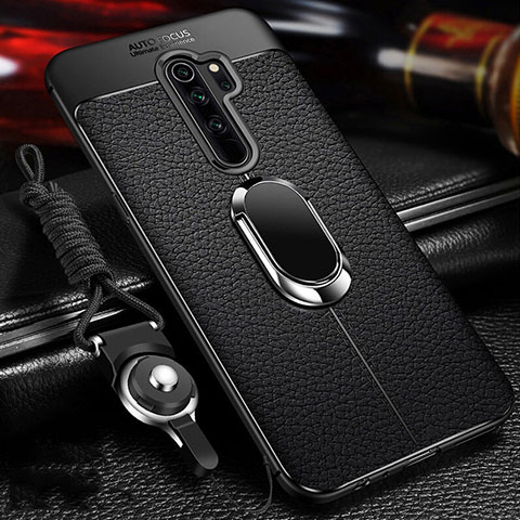 Silikon Hülle Handyhülle Gummi Schutzhülle Flexible Leder Tasche mit Magnetisch Fingerring Ständer T03 für Xiaomi Redmi Note 8 Pro Schwarz