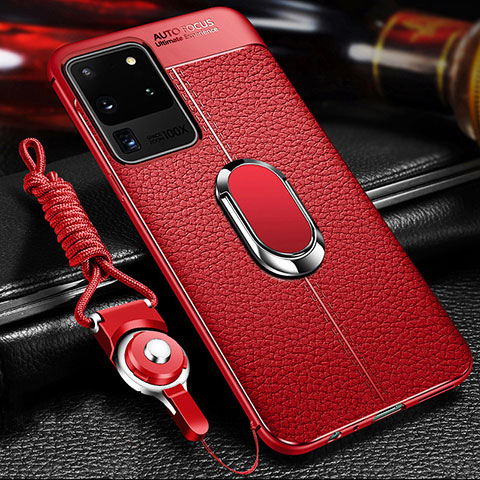 Silikon Hülle Handyhülle Gummi Schutzhülle Flexible Leder Tasche mit Magnetisch Fingerring Ständer WL1 für Samsung Galaxy S20 Ultra Rot