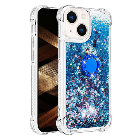 Silikon Hülle Handyhülle Gummi Schutzhülle Flexible Tasche Bling-Bling mit Fingerring Ständer S01 für Apple iPhone 14 Blau