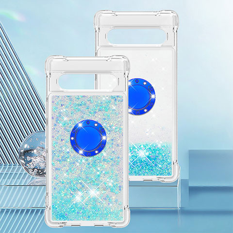 Silikon Hülle Handyhülle Gummi Schutzhülle Flexible Tasche Bling-Bling mit Fingerring Ständer S01 für Google Pixel 7a 5G Hellblau