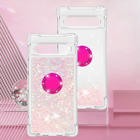 Silikon Hülle Handyhülle Gummi Schutzhülle Flexible Tasche Bling-Bling mit Fingerring Ständer S01 für Google Pixel 7a 5G Rosa