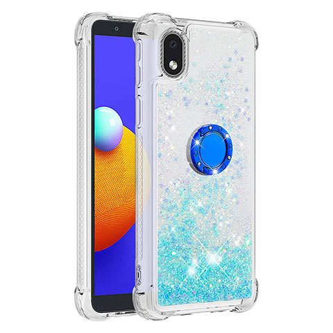 Silikon Hülle Handyhülle Gummi Schutzhülle Flexible Tasche Bling-Bling mit Fingerring Ständer S01 für Samsung Galaxy A01 Core Hellblau