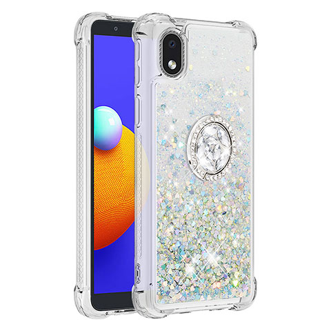 Silikon Hülle Handyhülle Gummi Schutzhülle Flexible Tasche Bling-Bling mit Fingerring Ständer S01 für Samsung Galaxy A01 Core Silber