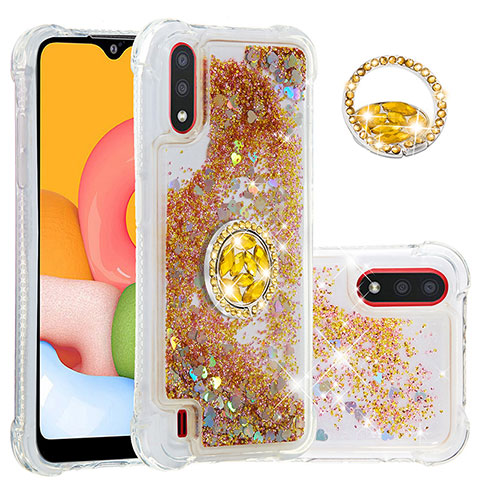 Silikon Hülle Handyhülle Gummi Schutzhülle Flexible Tasche Bling-Bling mit Fingerring Ständer S01 für Samsung Galaxy A01 SM-A015 Gold