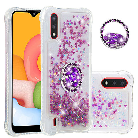 Silikon Hülle Handyhülle Gummi Schutzhülle Flexible Tasche Bling-Bling mit Fingerring Ständer S01 für Samsung Galaxy A01 SM-A015 Helles Lila