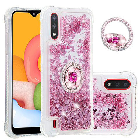 Silikon Hülle Handyhülle Gummi Schutzhülle Flexible Tasche Bling-Bling mit Fingerring Ständer S01 für Samsung Galaxy A01 SM-A015 Rosegold