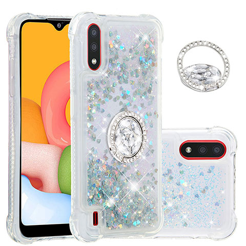 Silikon Hülle Handyhülle Gummi Schutzhülle Flexible Tasche Bling-Bling mit Fingerring Ständer S01 für Samsung Galaxy A01 SM-A015 Silber