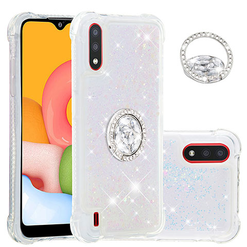 Silikon Hülle Handyhülle Gummi Schutzhülle Flexible Tasche Bling-Bling mit Fingerring Ständer S01 für Samsung Galaxy A01 SM-A015 Weiß