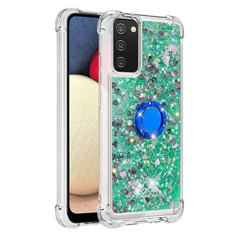 Silikon Hülle Handyhülle Gummi Schutzhülle Flexible Tasche Bling-Bling mit Fingerring Ständer S01 für Samsung Galaxy A03s Grün