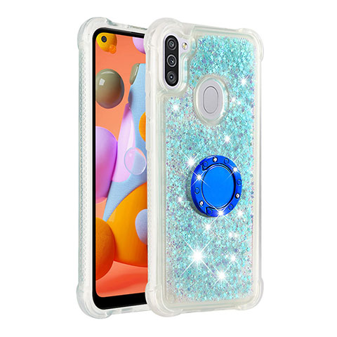 Silikon Hülle Handyhülle Gummi Schutzhülle Flexible Tasche Bling-Bling mit Fingerring Ständer S01 für Samsung Galaxy A11 Hellblau