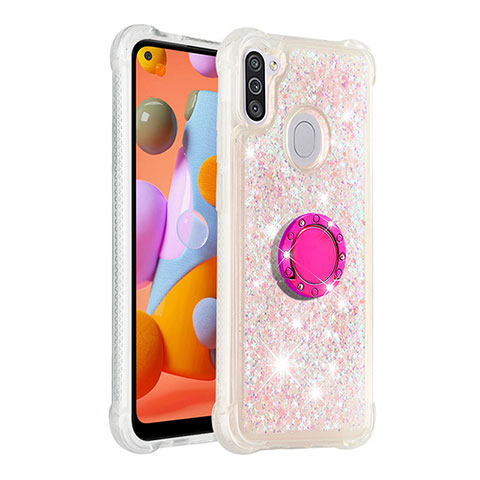 Silikon Hülle Handyhülle Gummi Schutzhülle Flexible Tasche Bling-Bling mit Fingerring Ständer S01 für Samsung Galaxy A11 Rosa