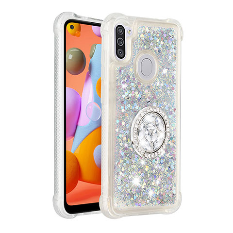 Silikon Hülle Handyhülle Gummi Schutzhülle Flexible Tasche Bling-Bling mit Fingerring Ständer S01 für Samsung Galaxy A11 Silber