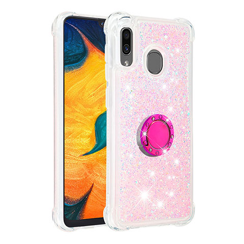 Silikon Hülle Handyhülle Gummi Schutzhülle Flexible Tasche Bling-Bling mit Fingerring Ständer S01 für Samsung Galaxy A20 Rosa