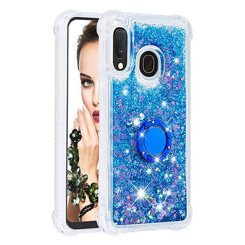 Silikon Hülle Handyhülle Gummi Schutzhülle Flexible Tasche Bling-Bling mit Fingerring Ständer S01 für Samsung Galaxy A20e Blau