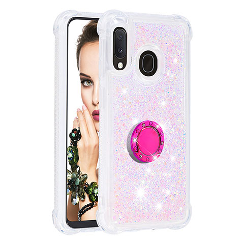 Silikon Hülle Handyhülle Gummi Schutzhülle Flexible Tasche Bling-Bling mit Fingerring Ständer S01 für Samsung Galaxy A20e Rosa