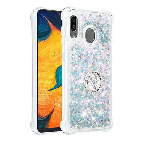 Silikon Hülle Handyhülle Gummi Schutzhülle Flexible Tasche Bling-Bling mit Fingerring Ständer S01 für Samsung Galaxy A30 Silber