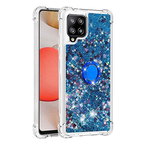 Silikon Hülle Handyhülle Gummi Schutzhülle Flexible Tasche Bling-Bling mit Fingerring Ständer S01 für Samsung Galaxy A42 5G Blau