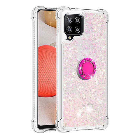 Silikon Hülle Handyhülle Gummi Schutzhülle Flexible Tasche Bling-Bling mit Fingerring Ständer S01 für Samsung Galaxy A42 5G Rosa