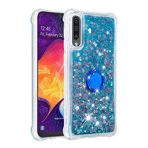 Silikon Hülle Handyhülle Gummi Schutzhülle Flexible Tasche Bling-Bling mit Fingerring Ständer S01 für Samsung Galaxy A50 Blau