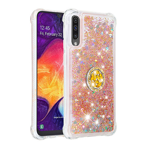 Silikon Hülle Handyhülle Gummi Schutzhülle Flexible Tasche Bling-Bling mit Fingerring Ständer S01 für Samsung Galaxy A50 Gold