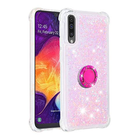 Silikon Hülle Handyhülle Gummi Schutzhülle Flexible Tasche Bling-Bling mit Fingerring Ständer S01 für Samsung Galaxy A50S Rosa