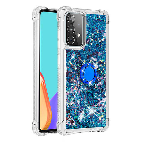 Silikon Hülle Handyhülle Gummi Schutzhülle Flexible Tasche Bling-Bling mit Fingerring Ständer S01 für Samsung Galaxy A52 4G Blau