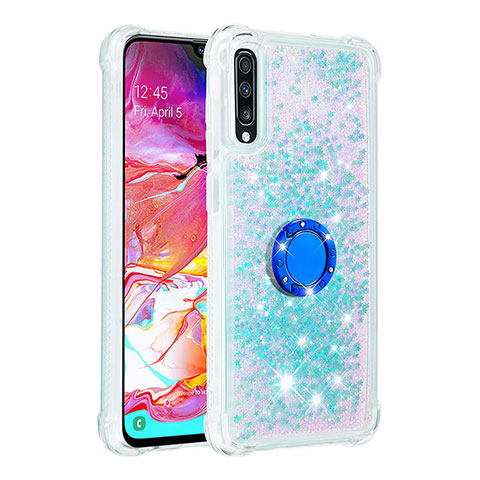 Silikon Hülle Handyhülle Gummi Schutzhülle Flexible Tasche Bling-Bling mit Fingerring Ständer S01 für Samsung Galaxy A70 Hellblau