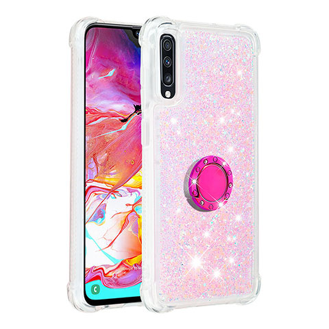 Silikon Hülle Handyhülle Gummi Schutzhülle Flexible Tasche Bling-Bling mit Fingerring Ständer S01 für Samsung Galaxy A70 Rosa