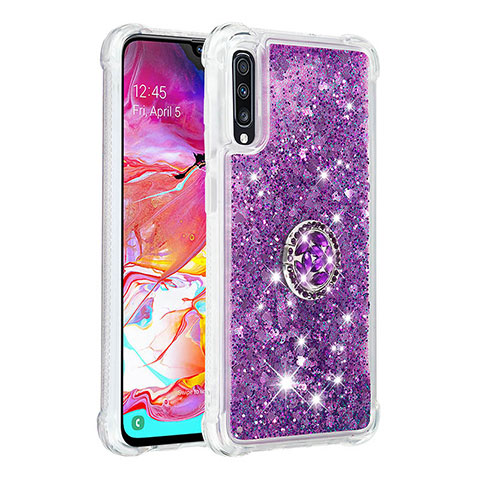 Silikon Hülle Handyhülle Gummi Schutzhülle Flexible Tasche Bling-Bling mit Fingerring Ständer S01 für Samsung Galaxy A70 Violett