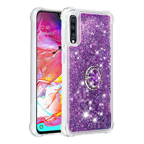 Silikon Hülle Handyhülle Gummi Schutzhülle Flexible Tasche Bling-Bling mit Fingerring Ständer S01 für Samsung Galaxy A70S Violett