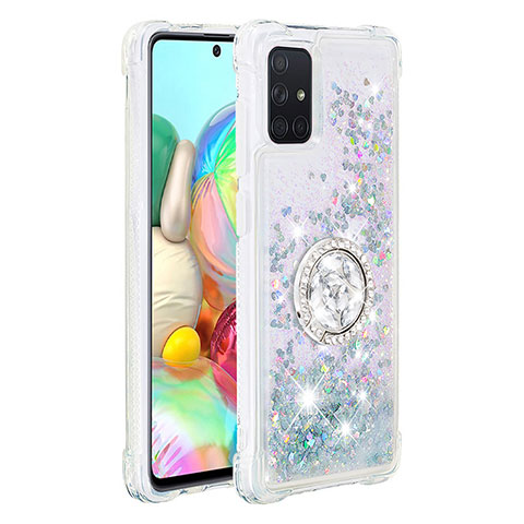 Silikon Hülle Handyhülle Gummi Schutzhülle Flexible Tasche Bling-Bling mit Fingerring Ständer S01 für Samsung Galaxy A71 4G A715 Silber