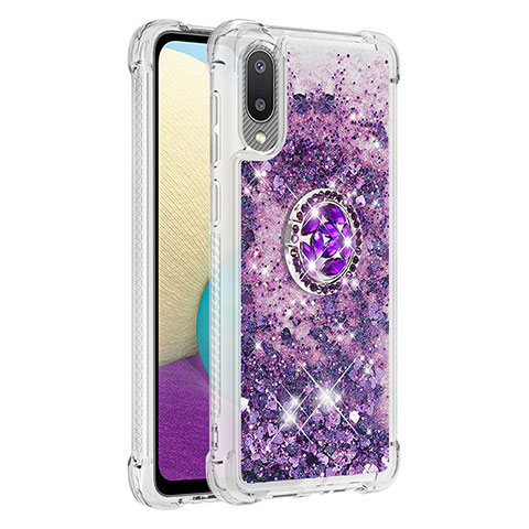 Silikon Hülle Handyhülle Gummi Schutzhülle Flexible Tasche Bling-Bling mit Fingerring Ständer S01 für Samsung Galaxy M02 Violett