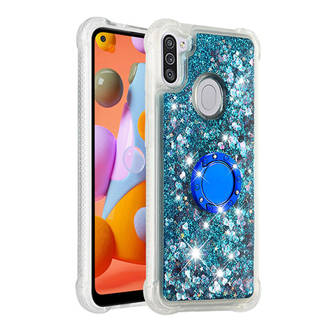 Silikon Hülle Handyhülle Gummi Schutzhülle Flexible Tasche Bling-Bling mit Fingerring Ständer S01 für Samsung Galaxy M11 Blau