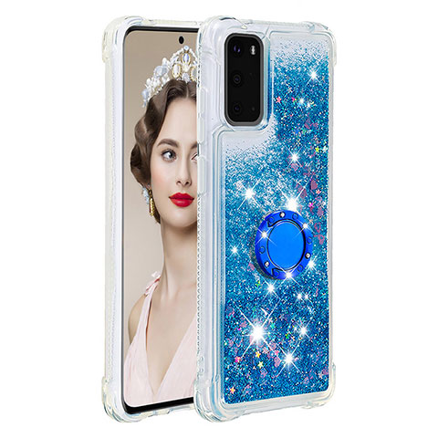 Silikon Hülle Handyhülle Gummi Schutzhülle Flexible Tasche Bling-Bling mit Fingerring Ständer S01 für Samsung Galaxy S20 5G Blau