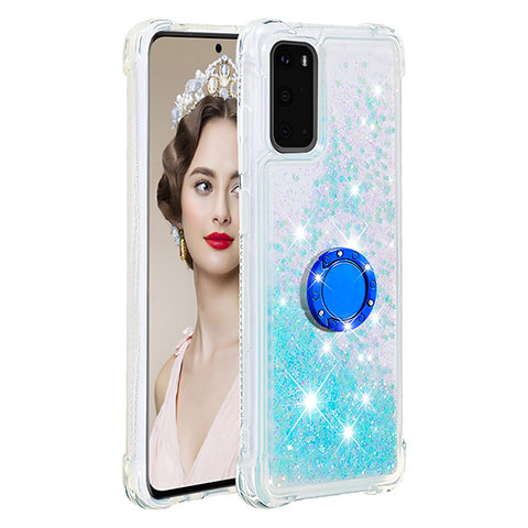 Silikon Hülle Handyhülle Gummi Schutzhülle Flexible Tasche Bling-Bling mit Fingerring Ständer S01 für Samsung Galaxy S20 5G Hellblau