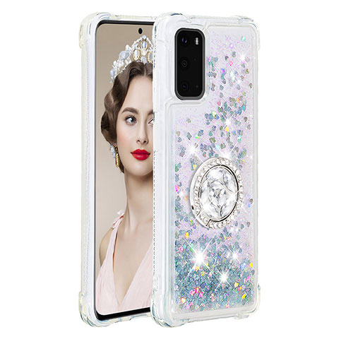 Silikon Hülle Handyhülle Gummi Schutzhülle Flexible Tasche Bling-Bling mit Fingerring Ständer S01 für Samsung Galaxy S20 Silber