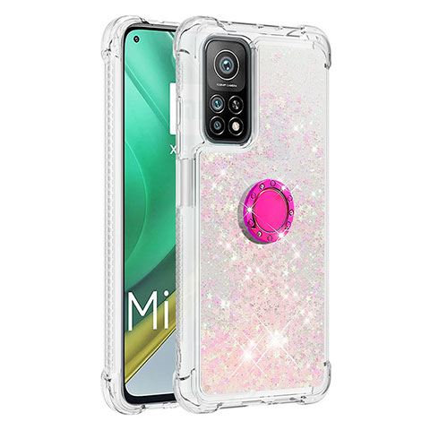 Silikon Hülle Handyhülle Gummi Schutzhülle Flexible Tasche Bling-Bling mit Fingerring Ständer S01 für Xiaomi Mi 10T 5G Rosa