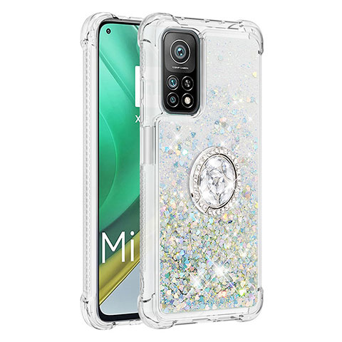 Silikon Hülle Handyhülle Gummi Schutzhülle Flexible Tasche Bling-Bling mit Fingerring Ständer S01 für Xiaomi Mi 10T 5G Silber